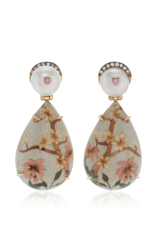 Marquetry Flower 18K Yellow Gold Pearl; Diamond Earrings
