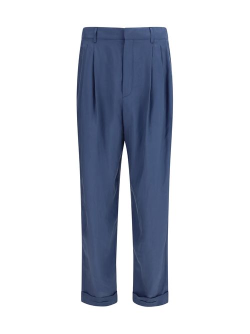 Silk Carrot-Cut with Pleats Trousers — Blue