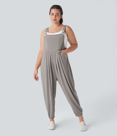 Pockets Waffle Casual Plus Size Jogger Overalls  - Mink Ash