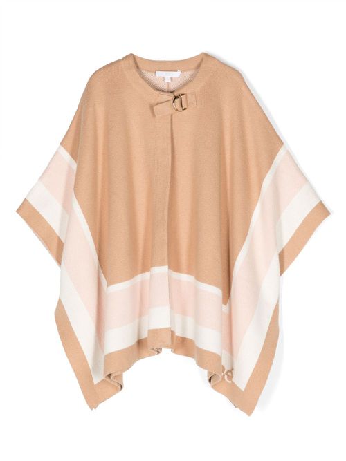 Stripe-detail asymmetric poncho - Brown