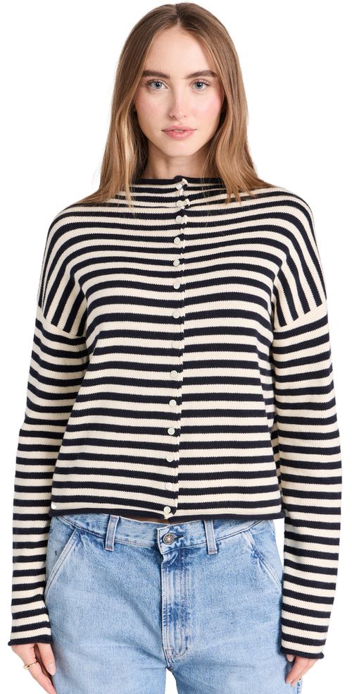 Taylor Cardigan in Stripe Cotton Cashmere Blend Navy/Ivory