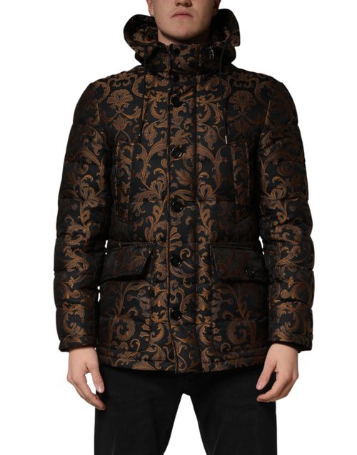 Floral Jacquard Quilted Hooded Jacket — Black