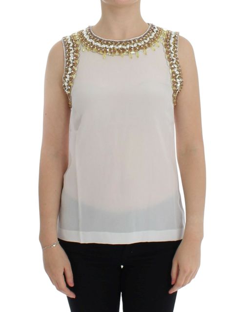 Crystal-Embellished Silk Tank Top — White