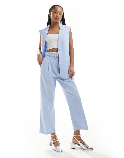 ASOS DESIGN tailored belted linen look pants in light blue