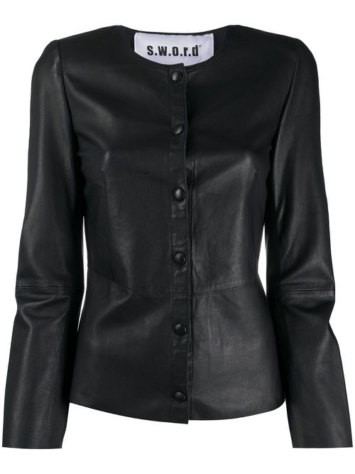 Collarless leather jacket - Black