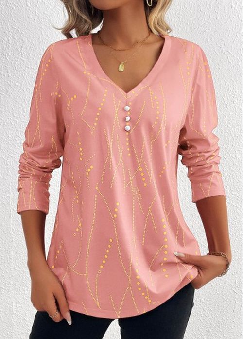 Modlily Wine Red Button Geometric Print Long Sleeve T Shirt