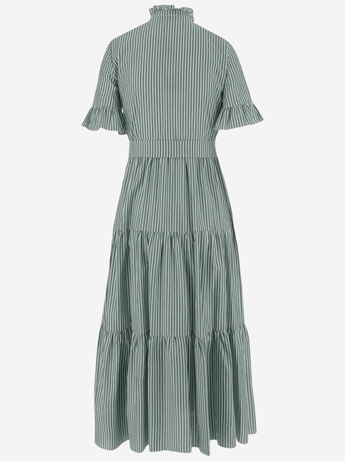 Striped Cotton with Ruffle Collar Dress — Green