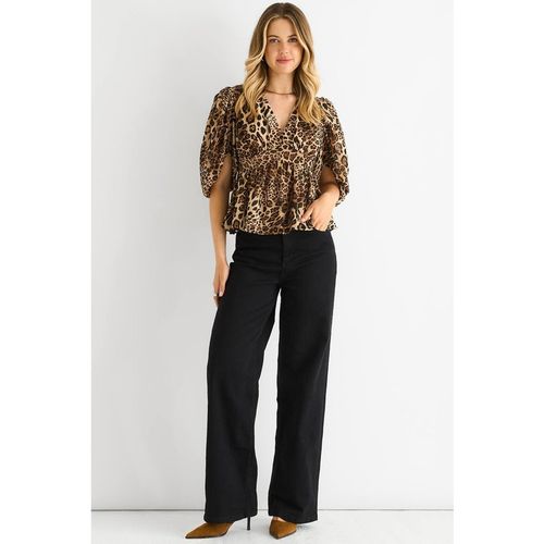 Gini London Women's Brown Animal Print V Neck Peplum Blouse