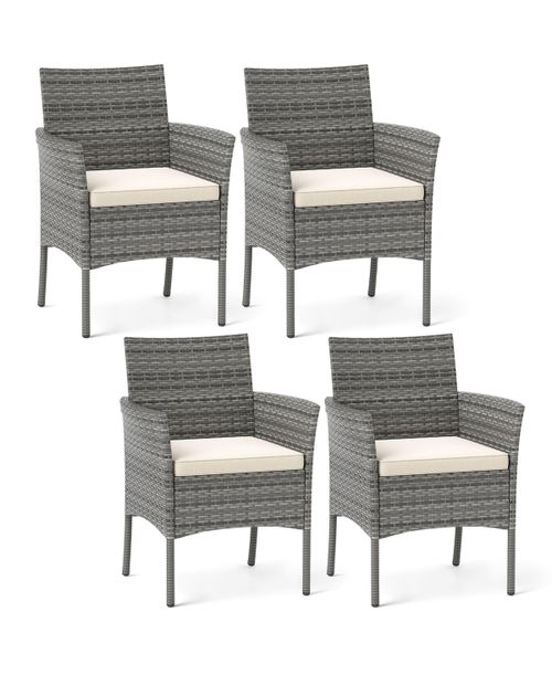 Outdoor Pe Wicker Chairs Set of 2 Patio Dining Armchairs w/ Padded Cushions - White