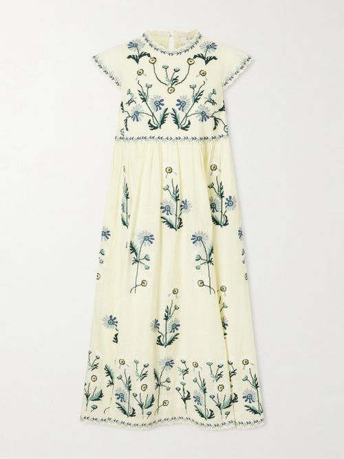 Audra Embroidery Cotton Midi Dress - Yellow