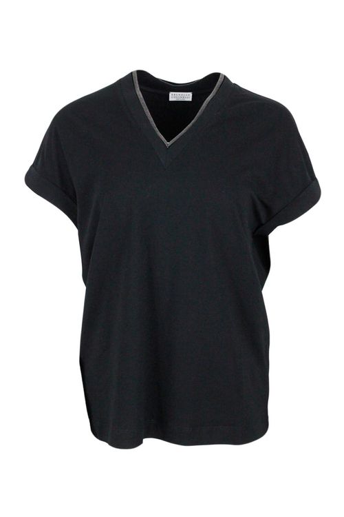 Short-sleeved T-shirt In Stretch Cotton With V-neckline Trimmed With Jewels
