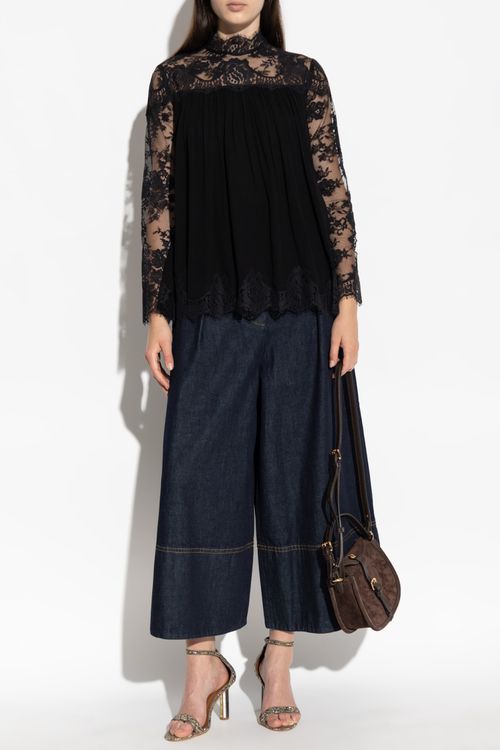 Top With Lace Inserts, Women's, Black