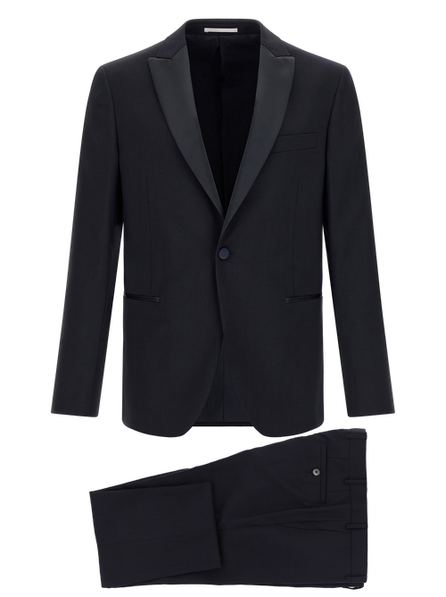 Satin Peak Lapel Wool Pant Suit — Black