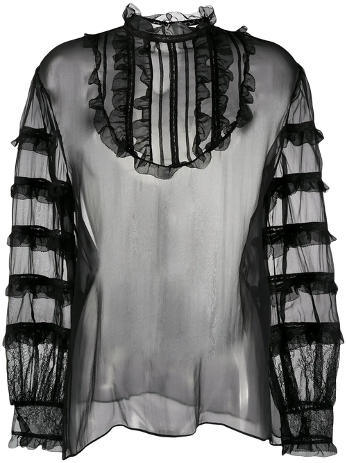 Ruffled Sheer Organza Blouse — Black