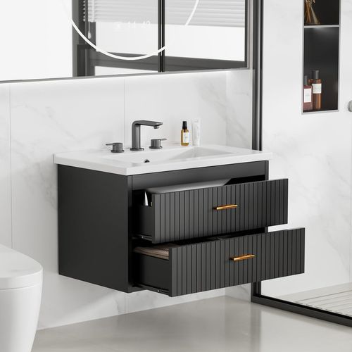 Garvee Modern 24" Wall-Mounted Floating Bathroom Vanity with Ceramic Sink and Soft-Close Drawers, Black