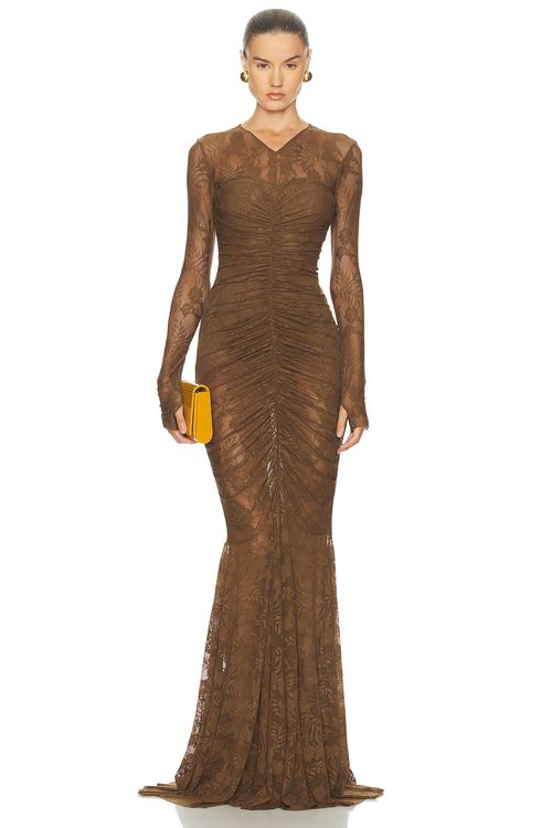 Norma Kamali Long Sleeve V Neck Shirred Front Fishtail Gown in Bark - Chocolate. XS also in L, M