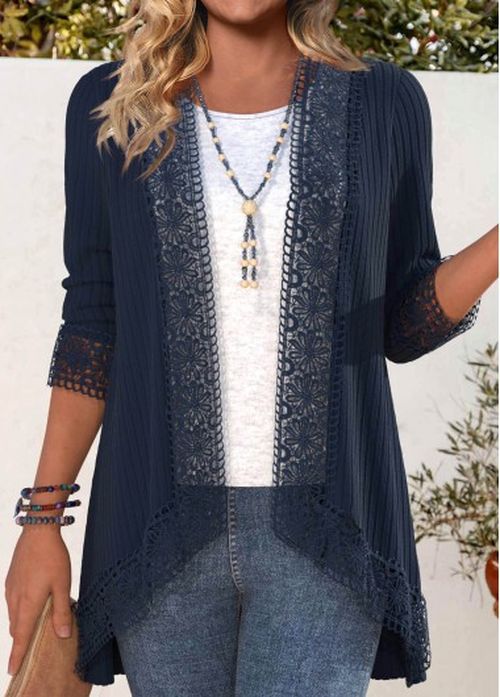 Modlily Navy Embroidery Long Sleeve Light Cardigan