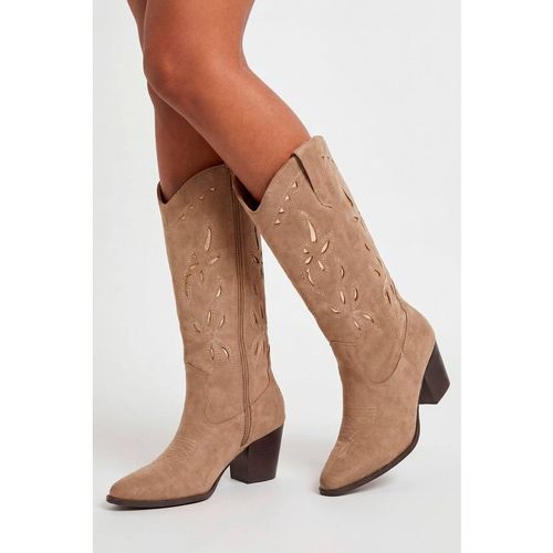 Boohoo Women's Faux Suede Cut Out Detail Embroidered Western Cowboy Boots in Taupe
