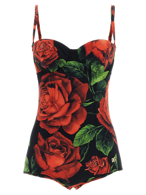Rose-Print Balcony One-Piece Swimsuit — Black