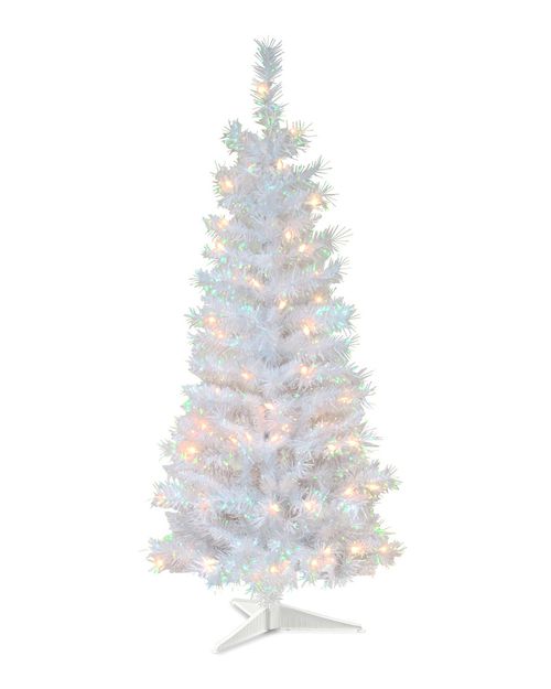 National Tree 4ft White Iridescent Tinsel Tree w/ Plastic Stand & 70 Clear Lights