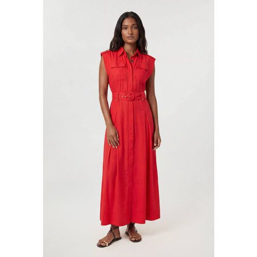 Karen Millen Women's Premium Viscose Linen Belted Woven Maxi Dress With Gold Hardware Detail in Red