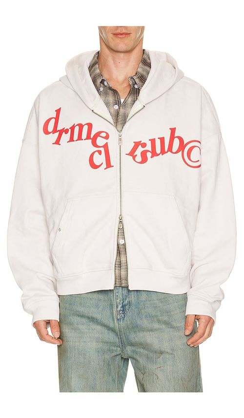DRMERS CLUB Hanging Letters Zip Up Hoodie in White. S. Also in M, L, XL/1X