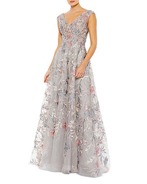 Embroidered Tulle V Neck Gown