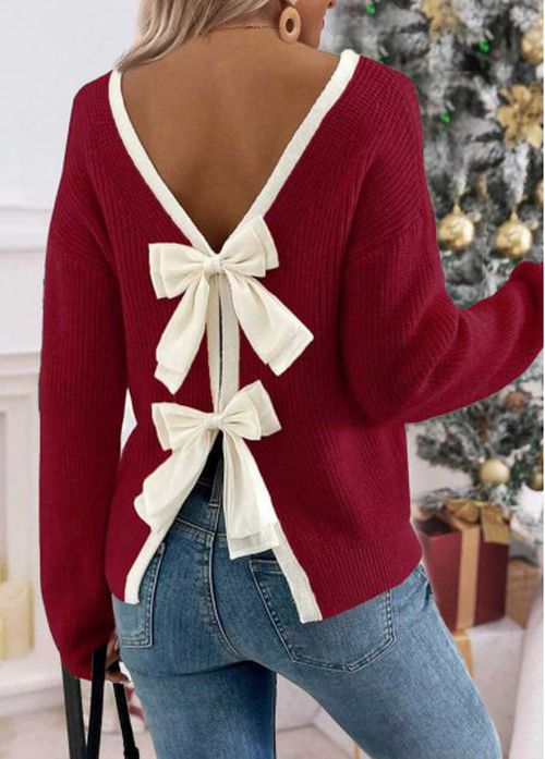 Modlily Wine Red Tummy Coverage Long Sleeve Round Neck Sweater