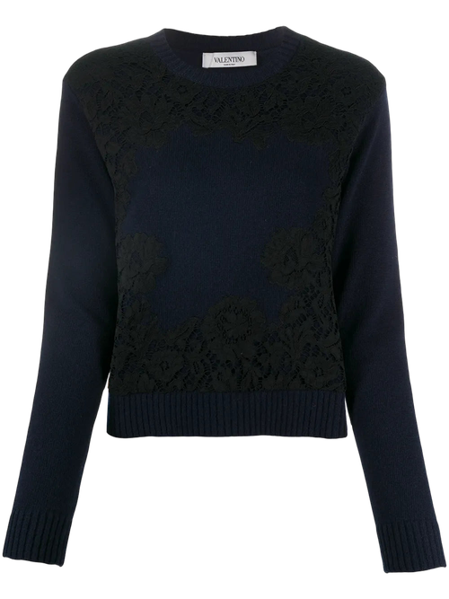 Lace-Overlay Wool-Cashmere Sweater — Navy