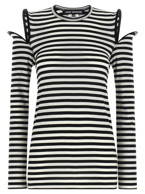Striped Cotton with Cut-Out Shoulders T-Shirt — Black