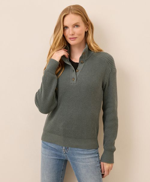 Women's Castor Green Heather Luxe Knit Henley Sweater