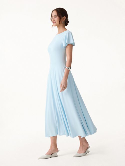 SkiKiss Boatneck Fit-and-Flare Maxi Travel Bra Dress with Pockets - Sky Glass
