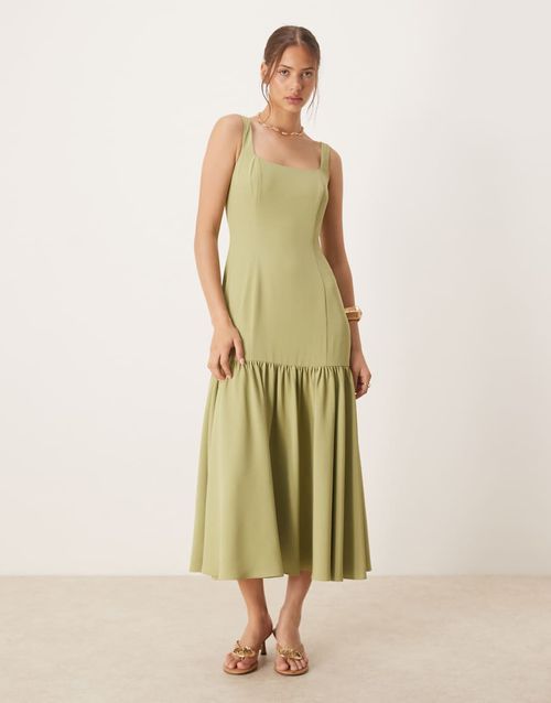 Drop hem midaxi dress in sage olive-Green