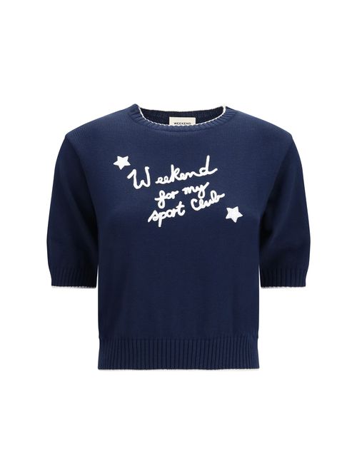 Embroidered Cotton Knit Sweater — Navy