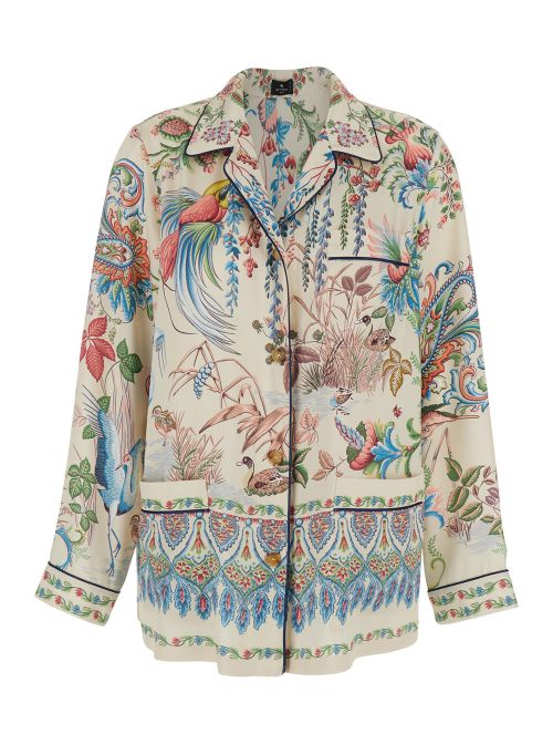 Botanical-Print Silk Shirt — Beige