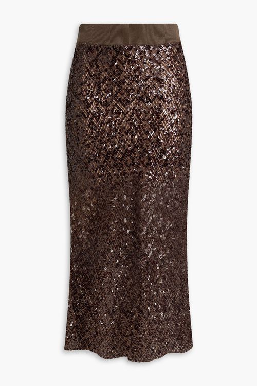 Metallic sequin-embellished linen-blend midi skirt - Brown - 3XL