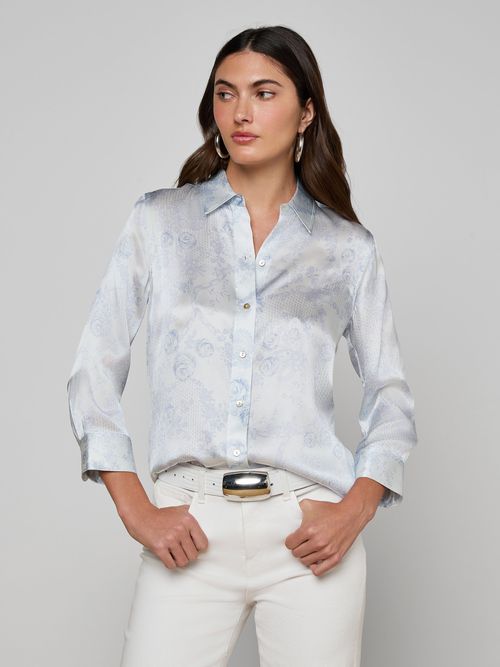 Dani Silk Blouse Top In Ivory/pale Mist Blue Lace Print