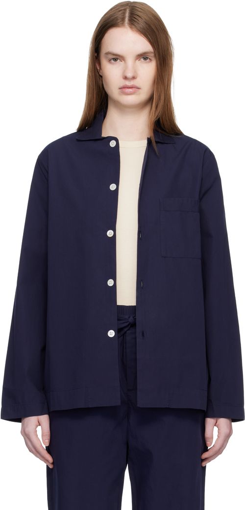 Navy Poplin Long-Sleeved Pyjama Shirt