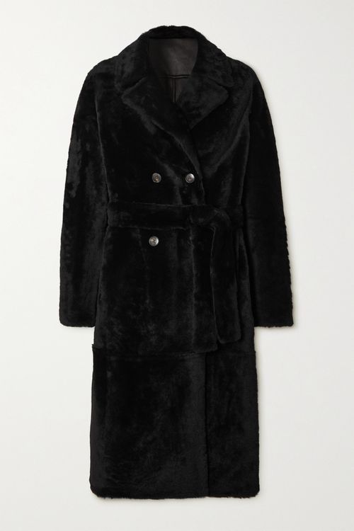 Belted Double-breasted Shearling Coat - Black - 32