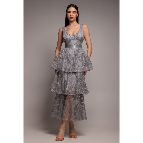 Goddiva Embroidered Mesh Tiered Midi Dress - Gray