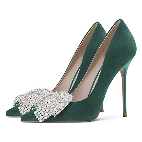 FSJ Women Fashion Pointed Toe Glitter Rhinestone High Heel Wedding Pumps Sexy Slip On Stiletto Party Sparkly Prom Shoe with Cute Bowknot