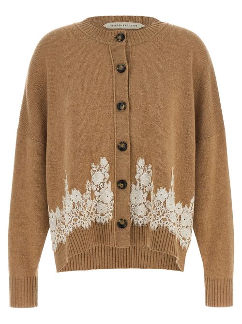 Lace-Trim Cashmere Cardigan — Brown