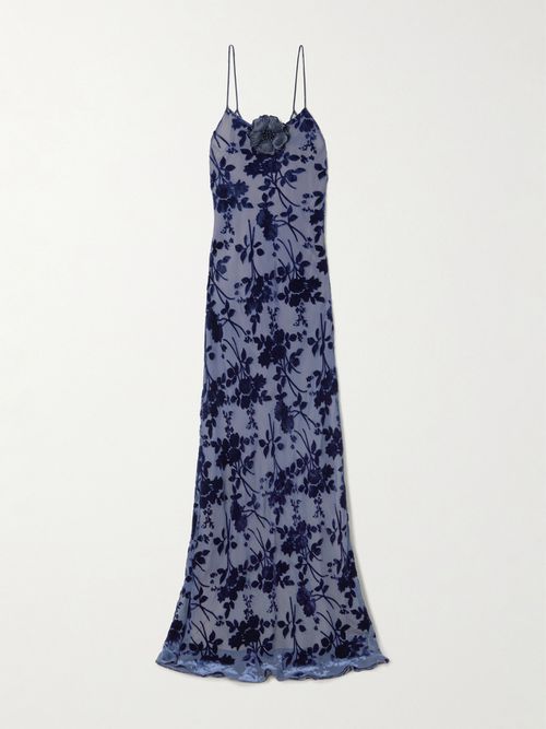 Appliquéd Floral Devoré-velvet Gown - Blue