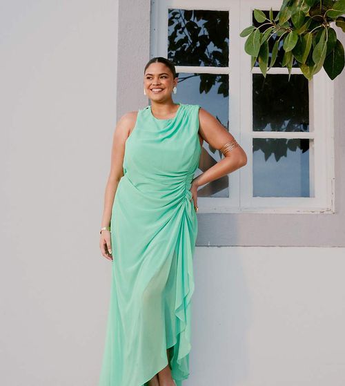 ASOS DESIGN Curve gathered waist ruffle maxi dress with open back in apple green