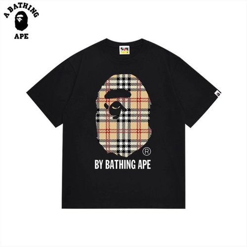 A BATHING APE BAPE&BB Checkered Striped Monkey Head Letter Print High-Quality Pure Cotton Short Sleeved Unisex