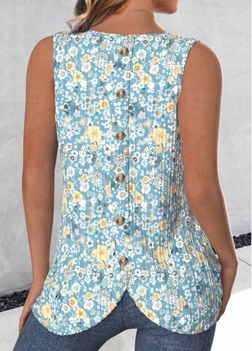 Modlily Mint Green Button Ditsy Floral Print Sleeveless Tank Top