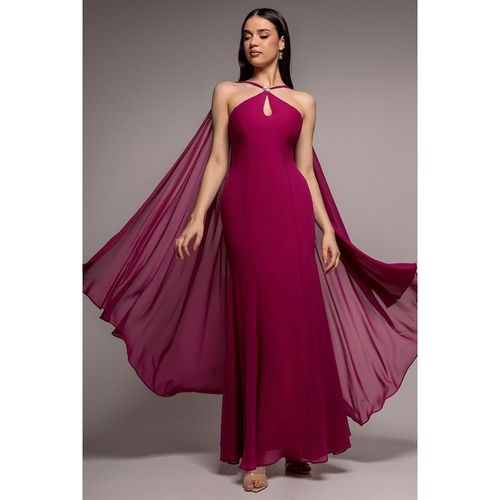 Goddiva Multiway Cape Chiffon With Embellished Trim Maxi Dress - Magenta