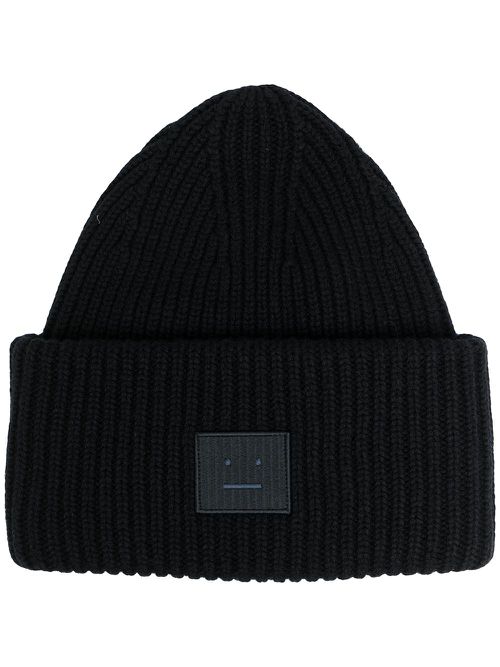Face-patch ribbed knit beanie - Black