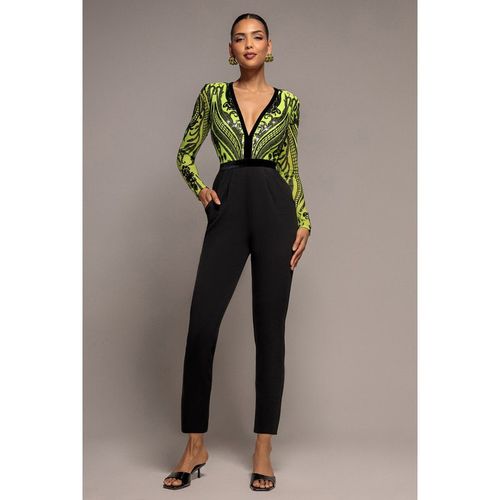 Goddiva Deep V Neck Sequin Embroidered Romper - Lime