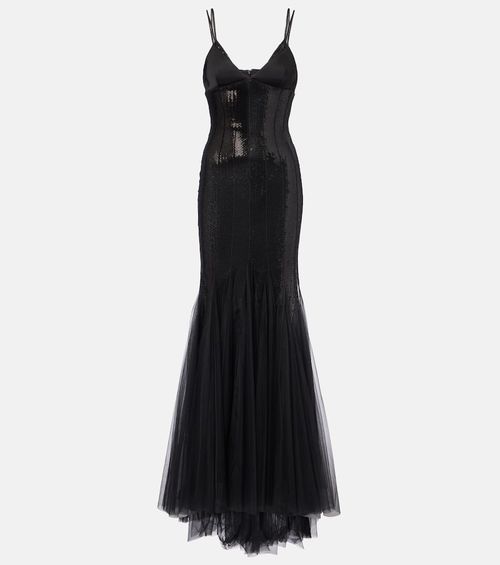Sequined tulle and satin gown